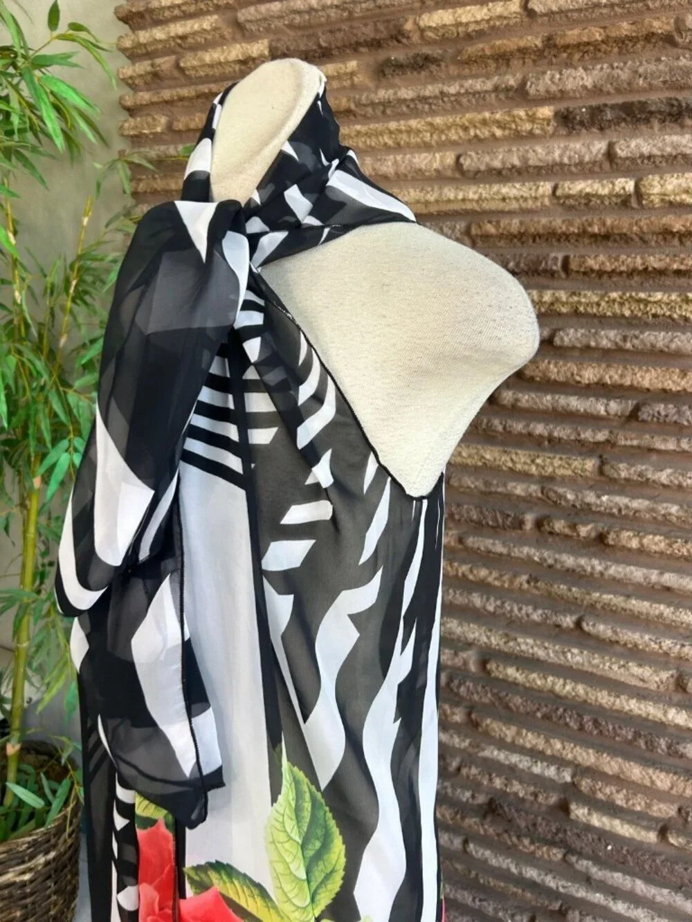 Sheer Chiffon Wrap Black White Zebra Stripes Red Rose Floral Open Drape